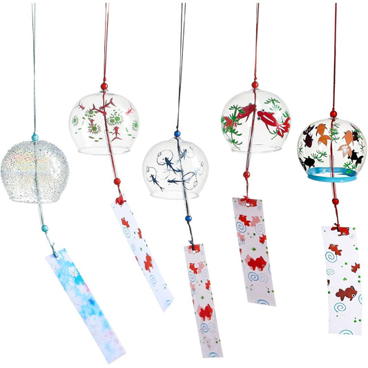 Goldfish Wind Chimes, Set of 5, 2.4 x 2.8 inches (6 x 7 cm), Stylish, Edo Style, Glass, Summer Gift, Peace Prayer, Wicking, Interior Decoration
