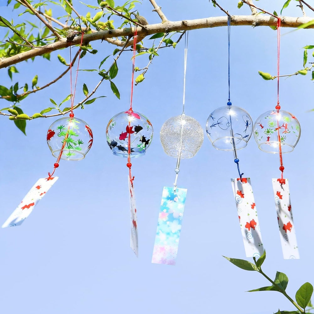 Goldfish Wind Chimes, Set of 5, 2.4 x 2.8 inches (6 x 7 cm), Stylish, Edo Style, Glass, Summer Gift, Peace Prayer, Wicking, Interior Decoration