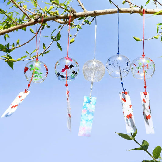 Goldfish Wind Chimes, Set of 5, 2.4 x 2.8 inches (6 x 7 cm), Stylish, Edo Style, Glass, Summer Gift, Peace Prayer, Wicking, Interior Decoration