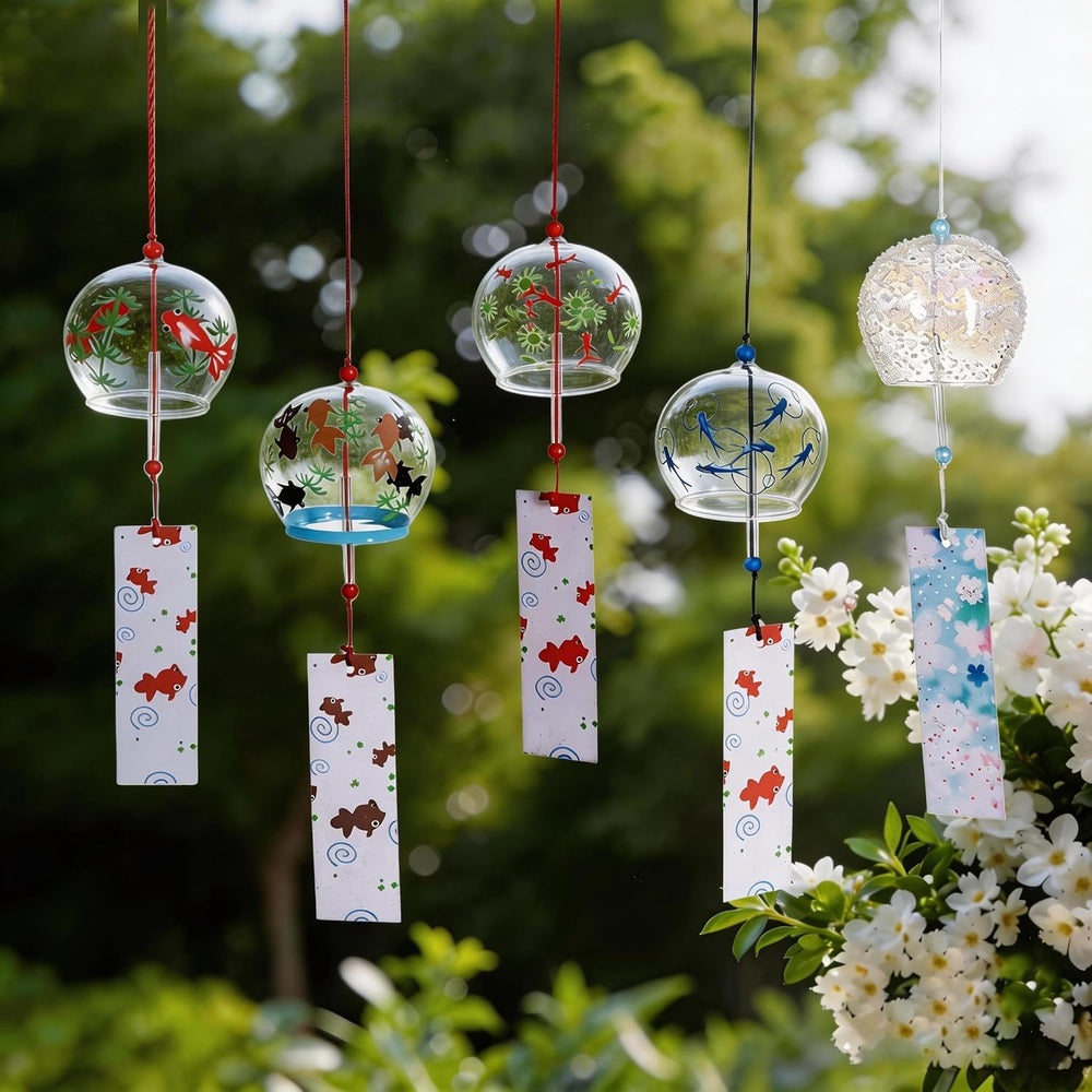 Goldfish Wind Chimes, Set of 5, 2.4 x 2.8 inches (6 x 7 cm), Stylish, Edo Style, Glass, Summer Gift, Peace Prayer, Wicking, Interior Decoration