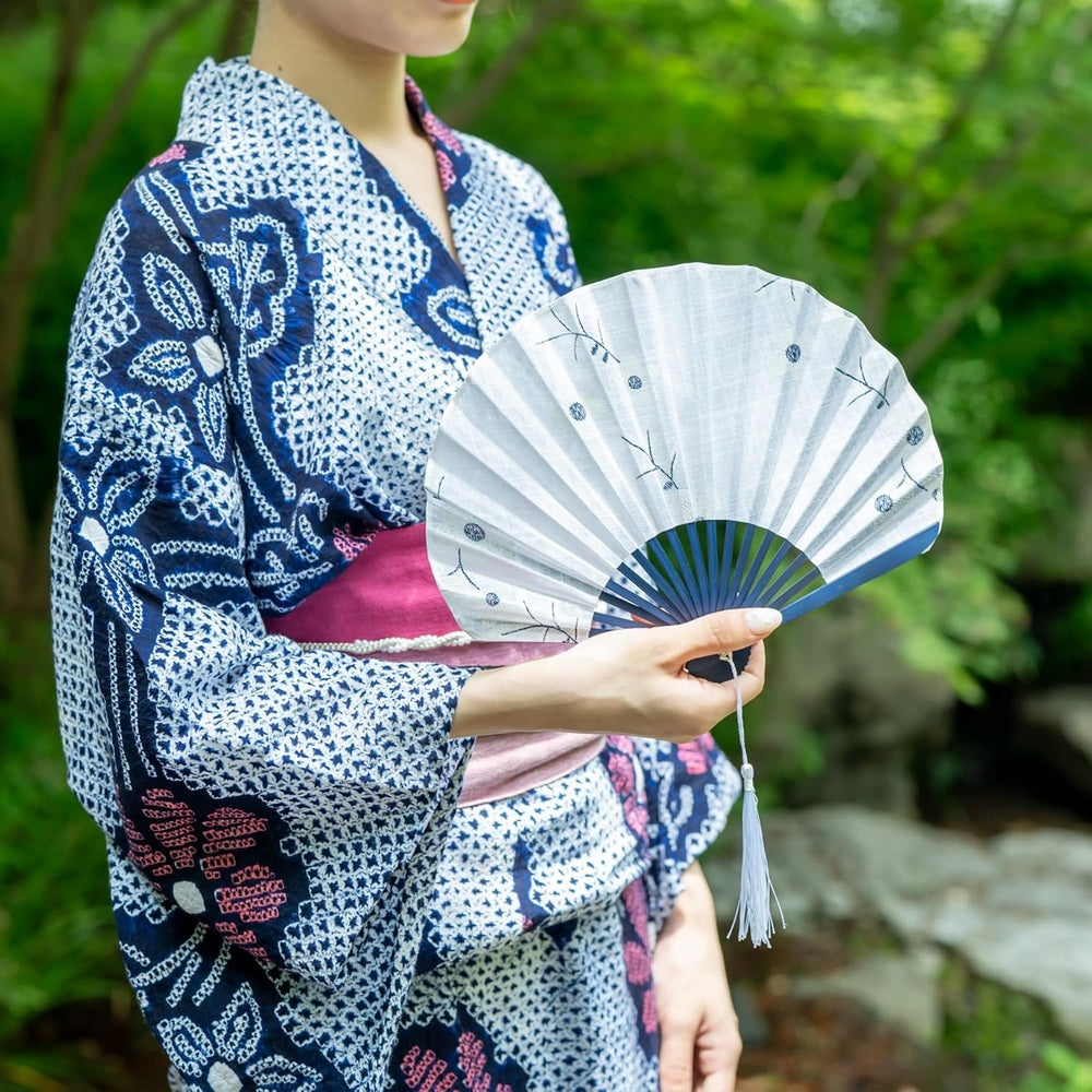 Esendo Women's Floral Fan, Shell Type, 100% Cotton, Fabric, Heat Stroke Protection, Bamboo Bones, Kimono, Yukata