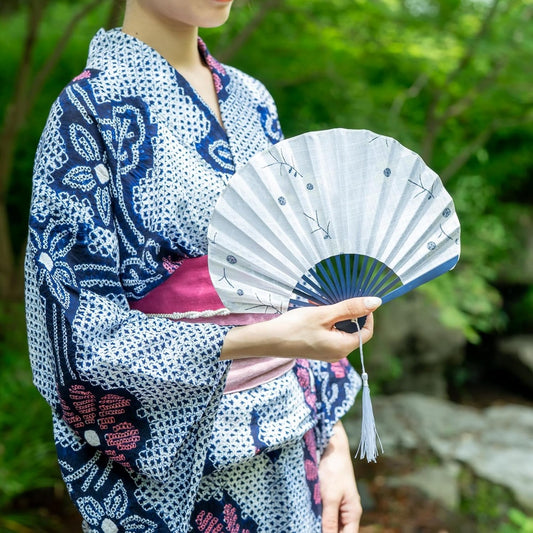 Esendo Women's Floral Fan, Shell Type, 100% Cotton, Fabric, Heat Stroke Protection, Bamboo Bones, Kimono, Yukata