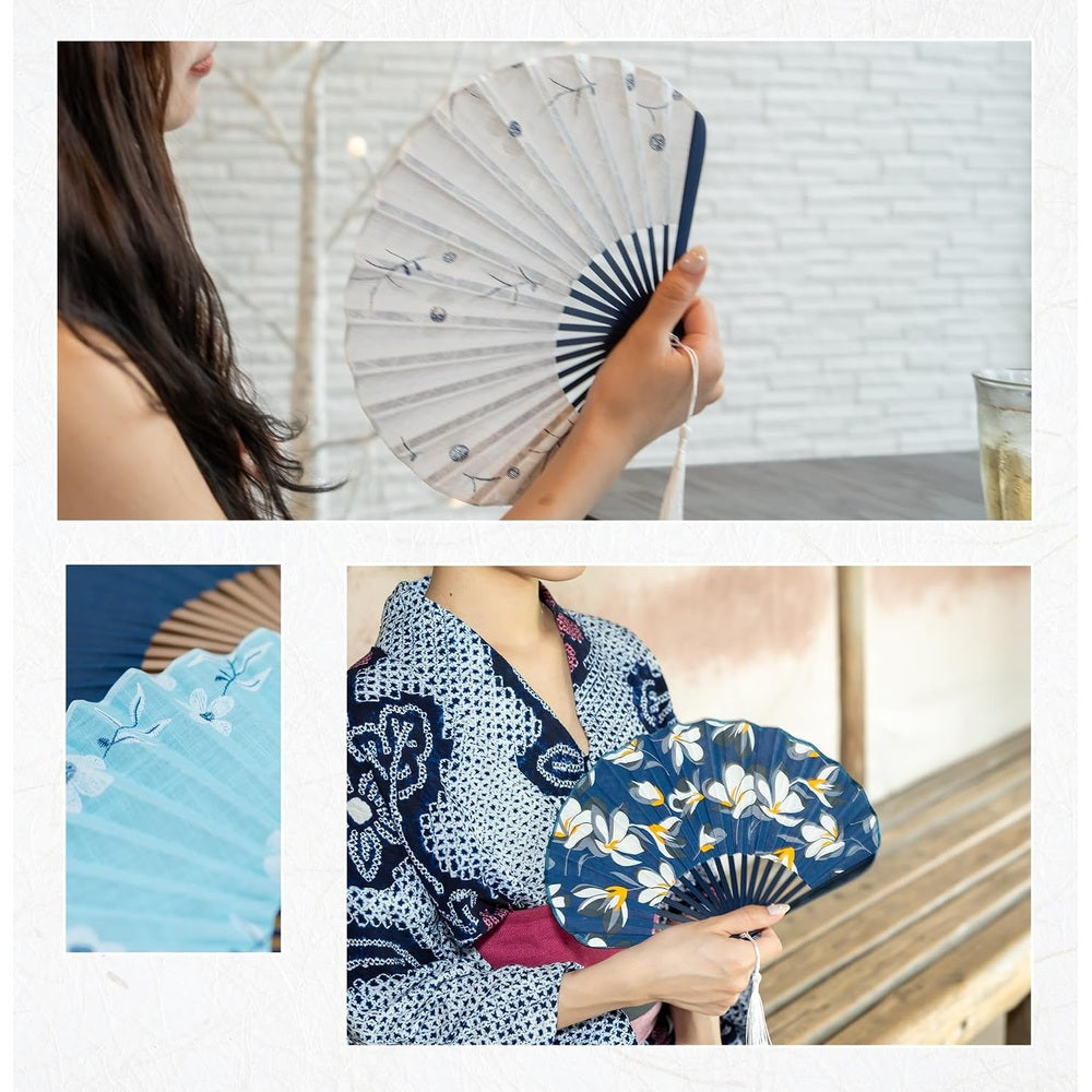 Esendo Women's Floral Fan, Shell Type, 100% Cotton, Fabric, Heat Stroke Protection, Bamboo Bones, Kimono, Yukata